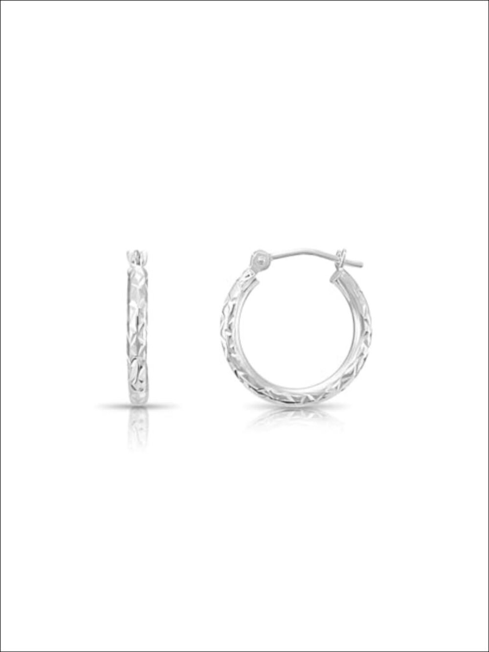 14K White Gold Round Hoop Earrings Diamond-cut X Pattern 16mm